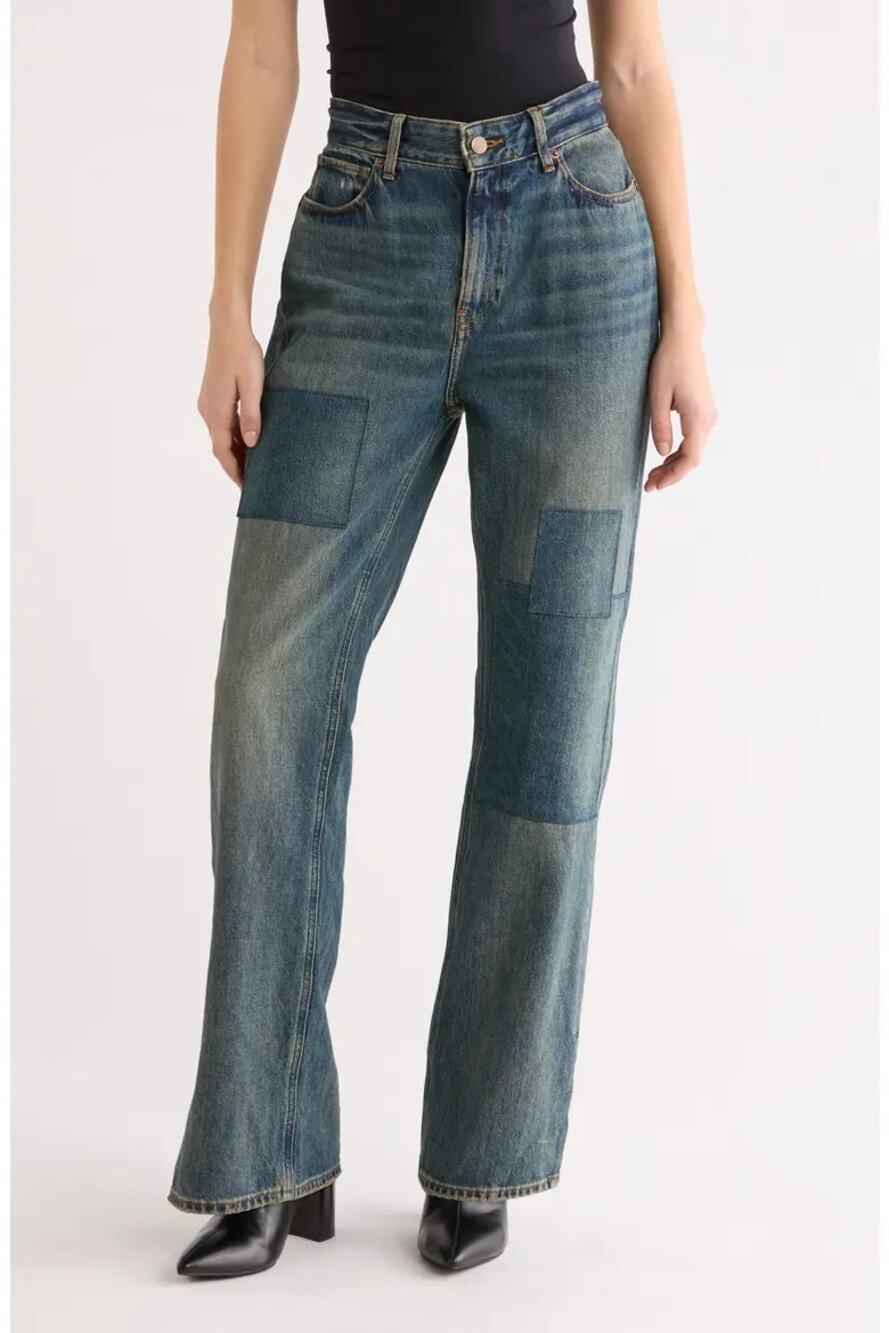 NWT Good American The Khloé Patch Denim Straight Leg Jeans Blue Size 6/28